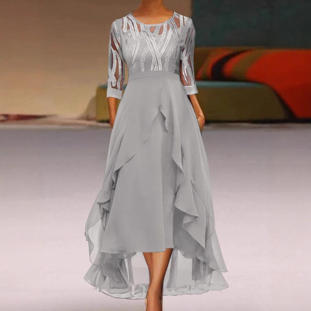 Women's Autumn Winter Midi Chiffon Dress Lace Spliced Round Neck Bridesmaid Evening Gown