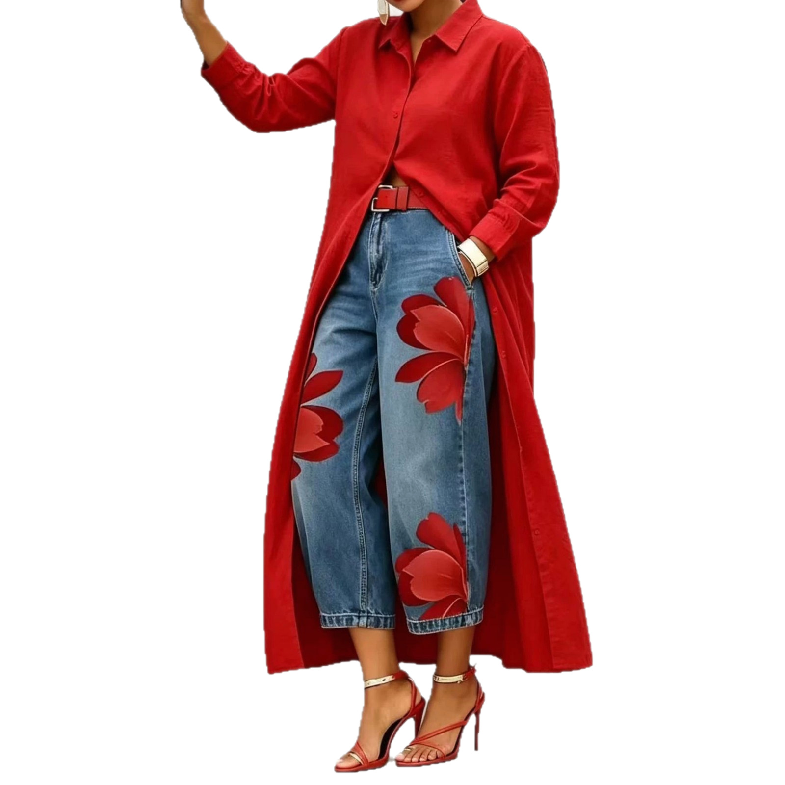 Yellow Long Shirt Jacket & Floral Wide-Leg Jeans Set