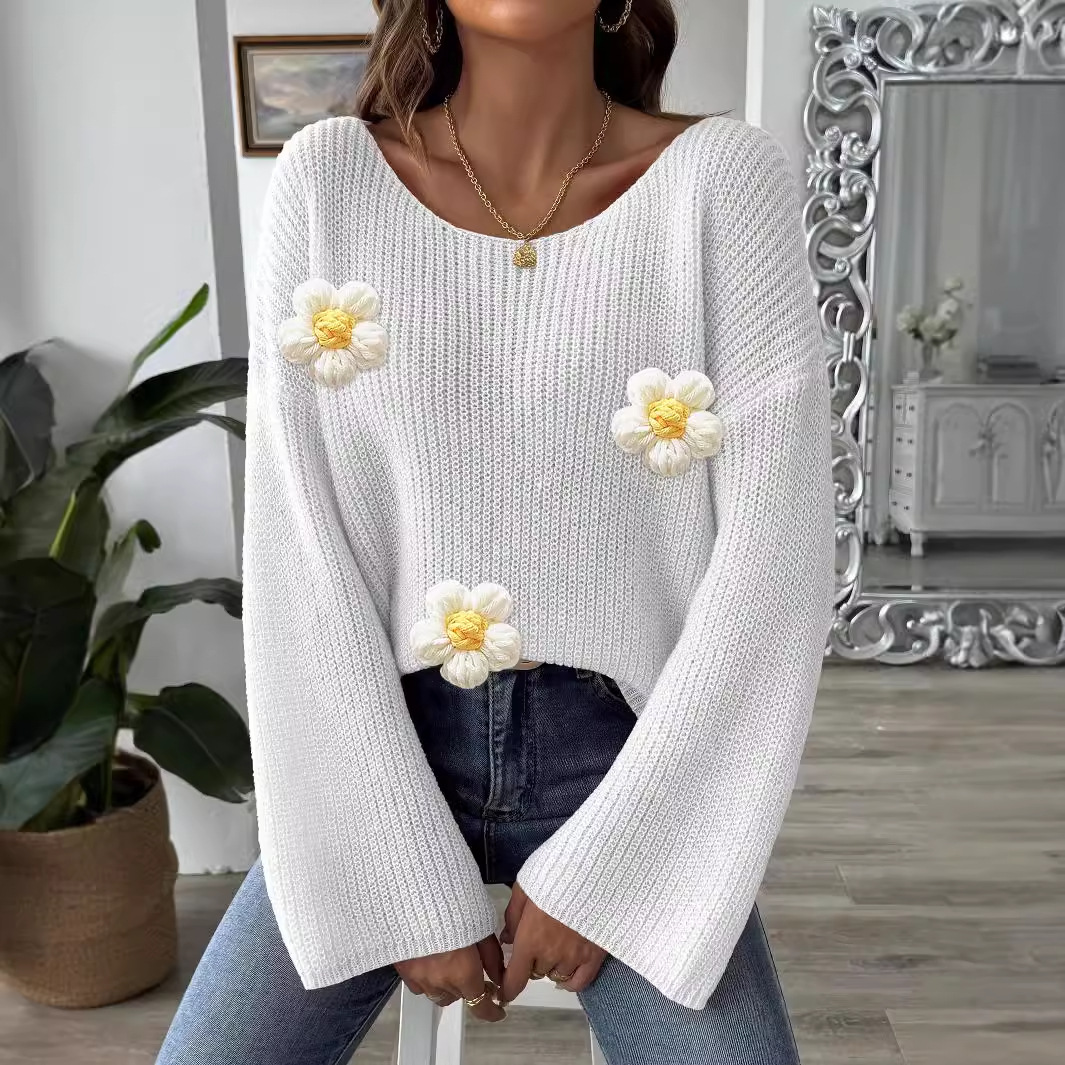 Women's Off-Shoulder Pullover Sweater with Flared Sleeves and Floral Appliqué