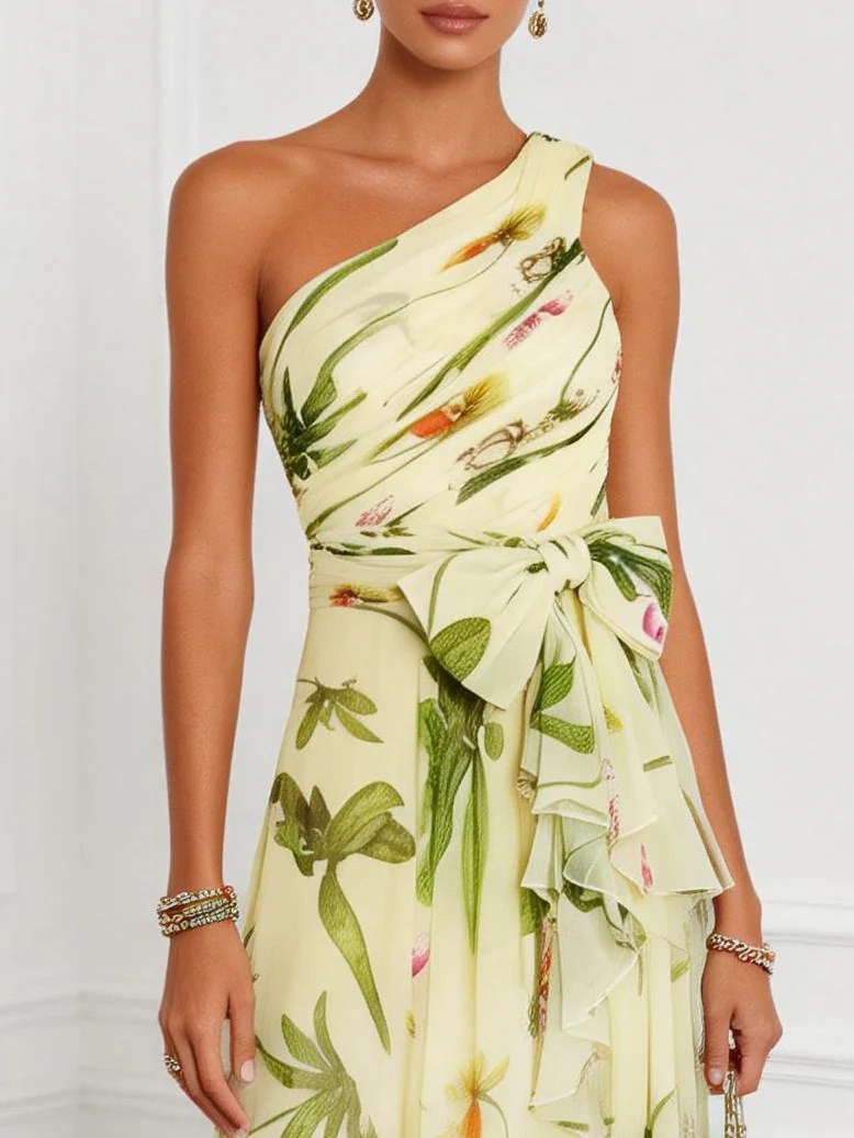 Floral Print One-Shoulder Chiffon Maxi Dress with Tie Waist