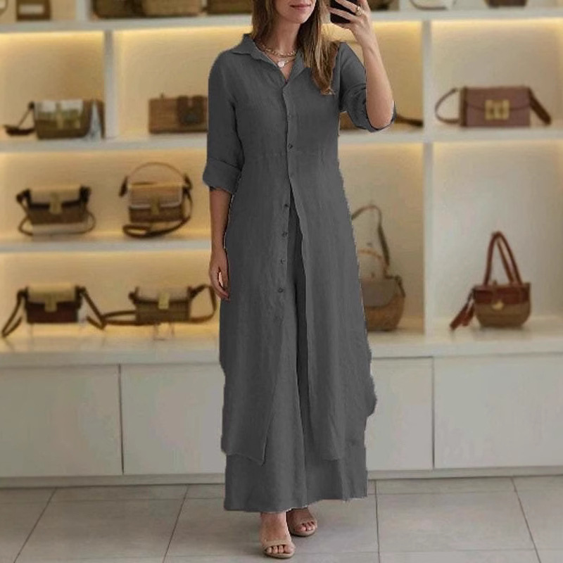 Women's Cotton-Linen Fitted Waist Long-Sleeve Shirt & Wide-Leg Pants Set