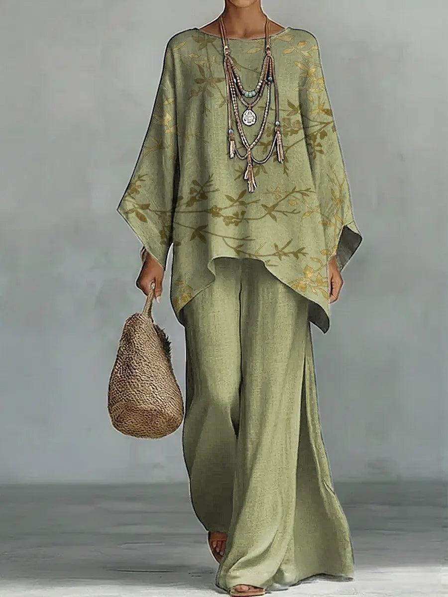 Printed Round Neck Top and Wide-Leg Pants Casual Two-Piece Set