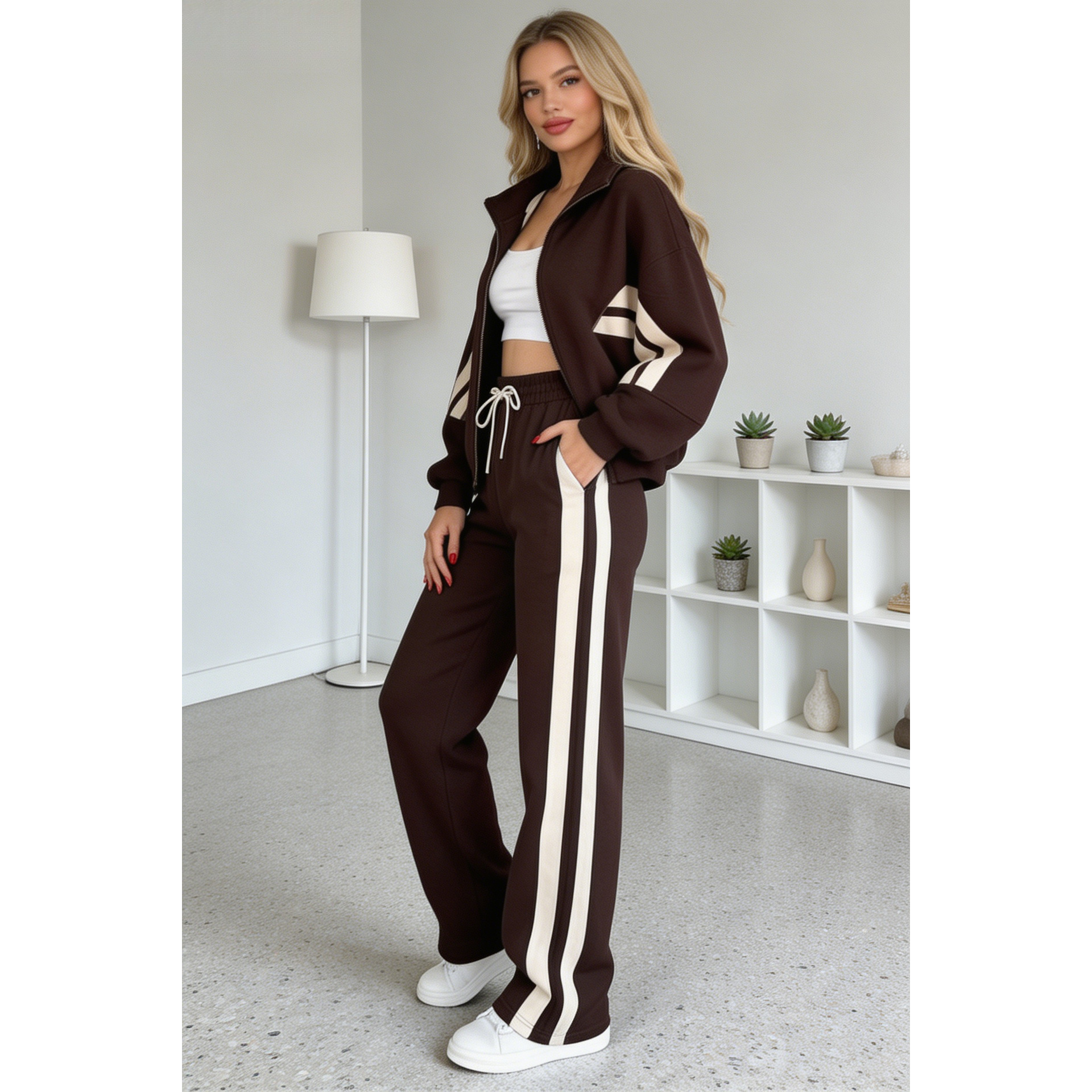 Y2K Striped Zip-Up Top & Pants Casual Tracksuit Set