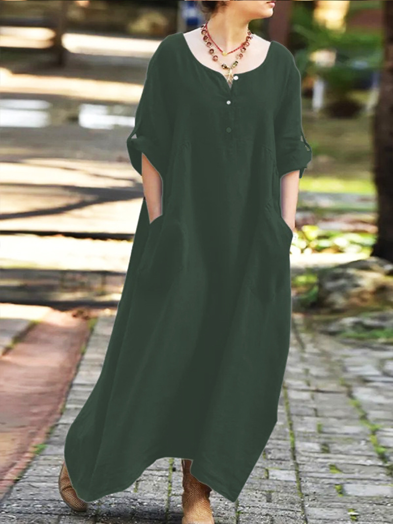 Women's Casual Loose Long Sleeve V-Neck Pocket Cotton Linen Dress