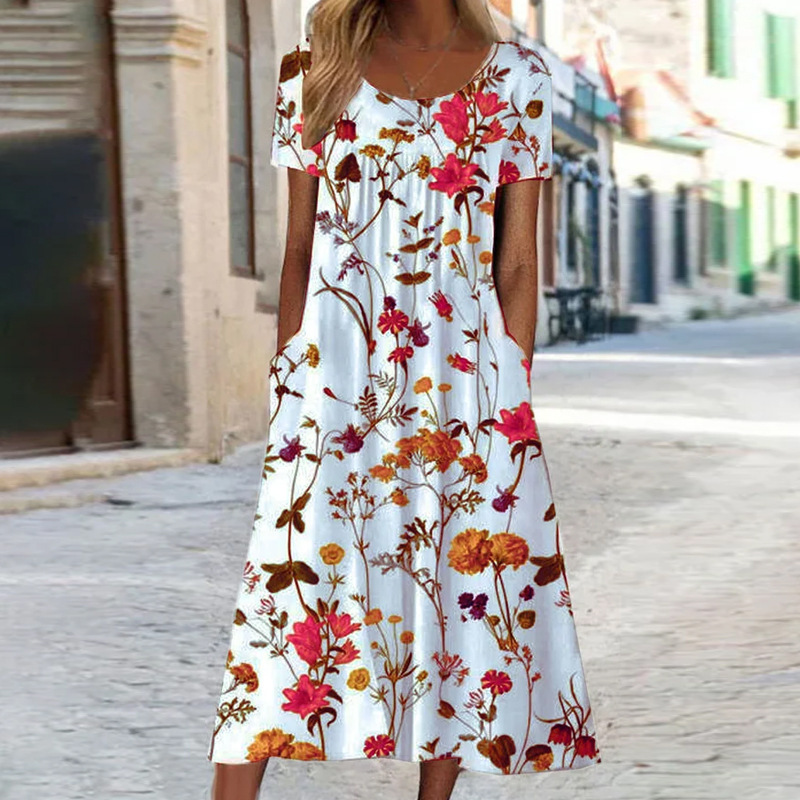 Women's Floral Print Ruched Midi Dress Short Sleeve Crew Neck