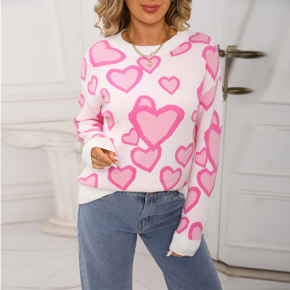 Women's Crewneck Heart Jacquard Knit Sweater
