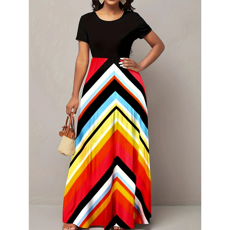 Women's Summer Striped Short Sleeve Round Neck Long Dress