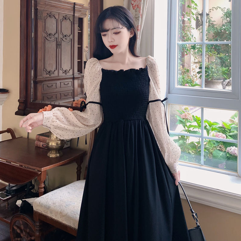 Plus Size Women's Waist-Cinching Midi Dress A-Line Square Neck Lantern Sleeve Colorblock