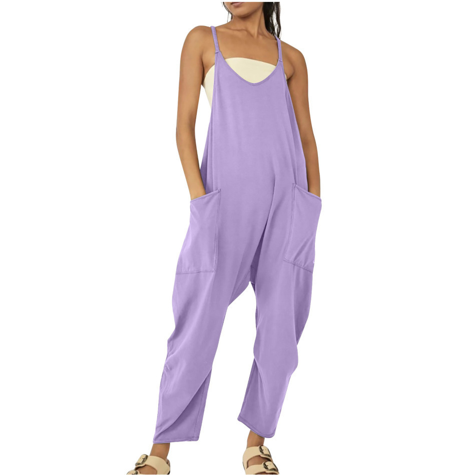 Women's Sleeveless Zip Pocket Jumpsuit with Spaghetti Straps