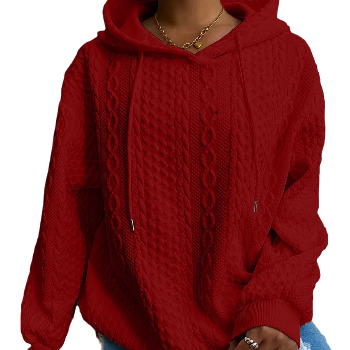 Women's Cable Knit Hooded Pullover Sweatshirt with Pockets