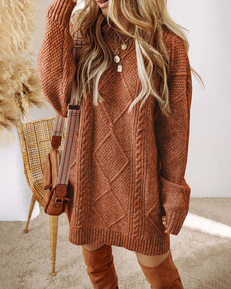 Cable-Knit Sweater Dress Relaxed Crew Neck Knee-Length