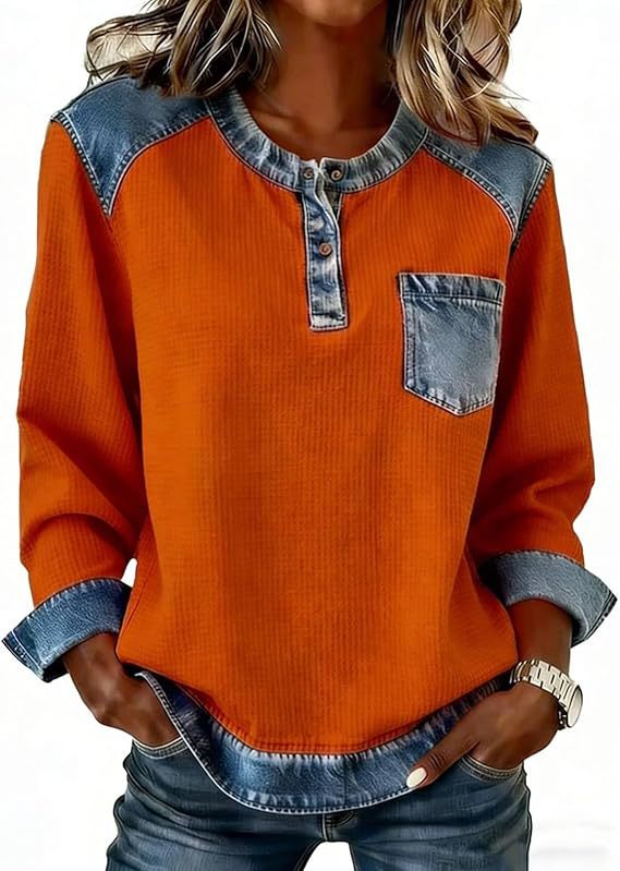 Faux Denim Patchwork Button Pocket Long Sleeve Crewneck Top