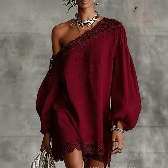 Women's Summer One-Shoulder Lace Trim Short Sleeve Casual Dress