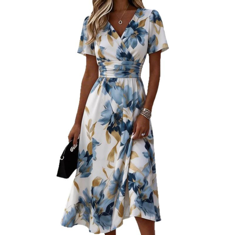 3D Print Short Sleeve V-Neck A-Line Midi Dress