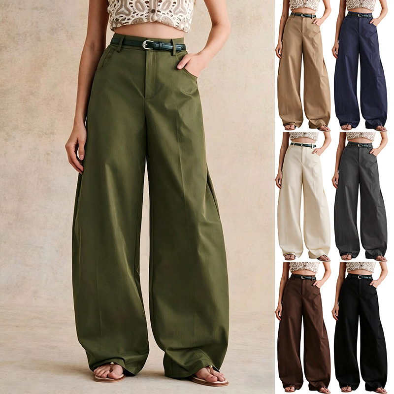 Women's Solid Curved Wide-Leg Pants Loose Straight Casual Trousers