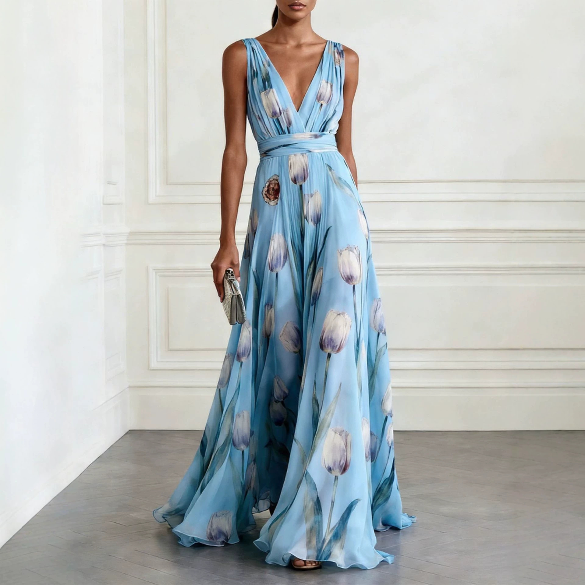 Tulip Print Sleeveless V-Neck A-Line Maxi Dress