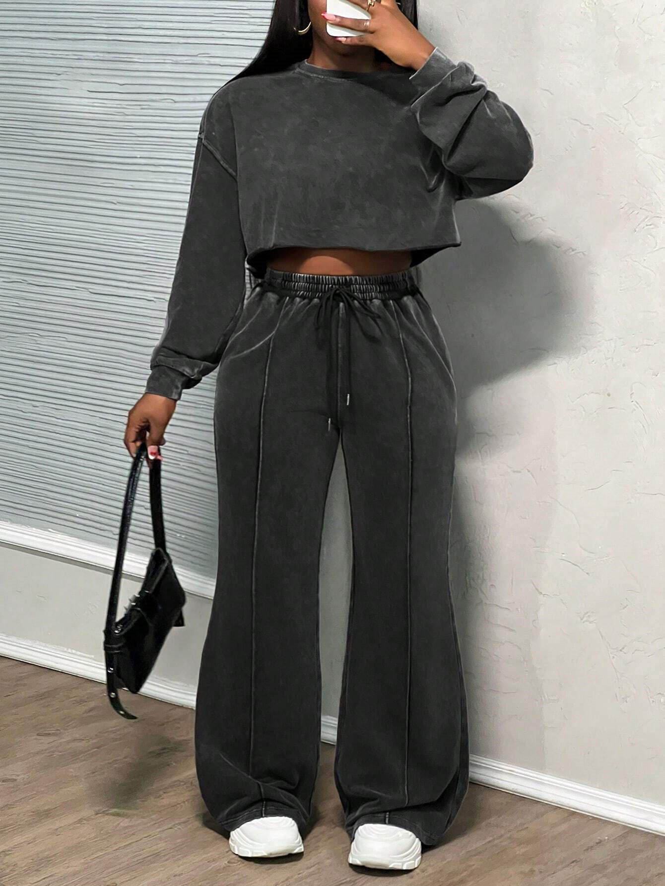 Women's Long-Sleeve Washed Zip-Up Sweatsuit Set
