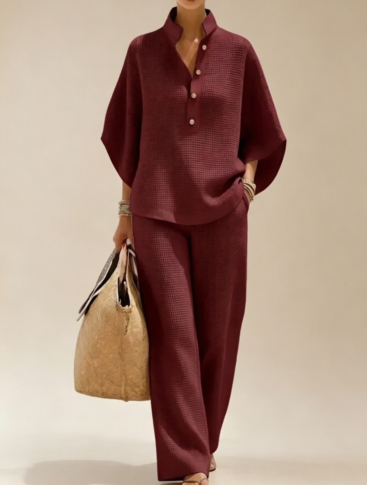2026 New Casual Loose Stand Collar Set Breathable Waffle Wide-Leg Pants Two-Piece Set European American Best-Seller Women's Clothing