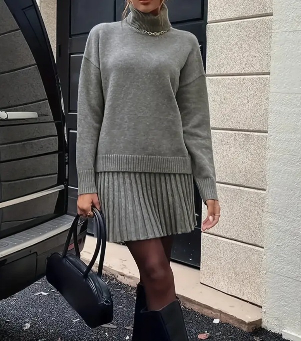 Women's Casual Knit Turtleneck Long Sleeve Top and Mini Skirt Two-Piece Set