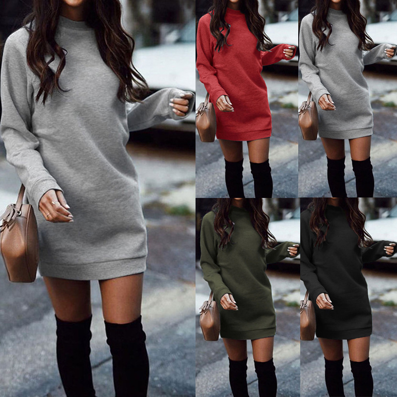 Women's Fleece-Lined Long-Sleeve Round-Neck A-Line Dress