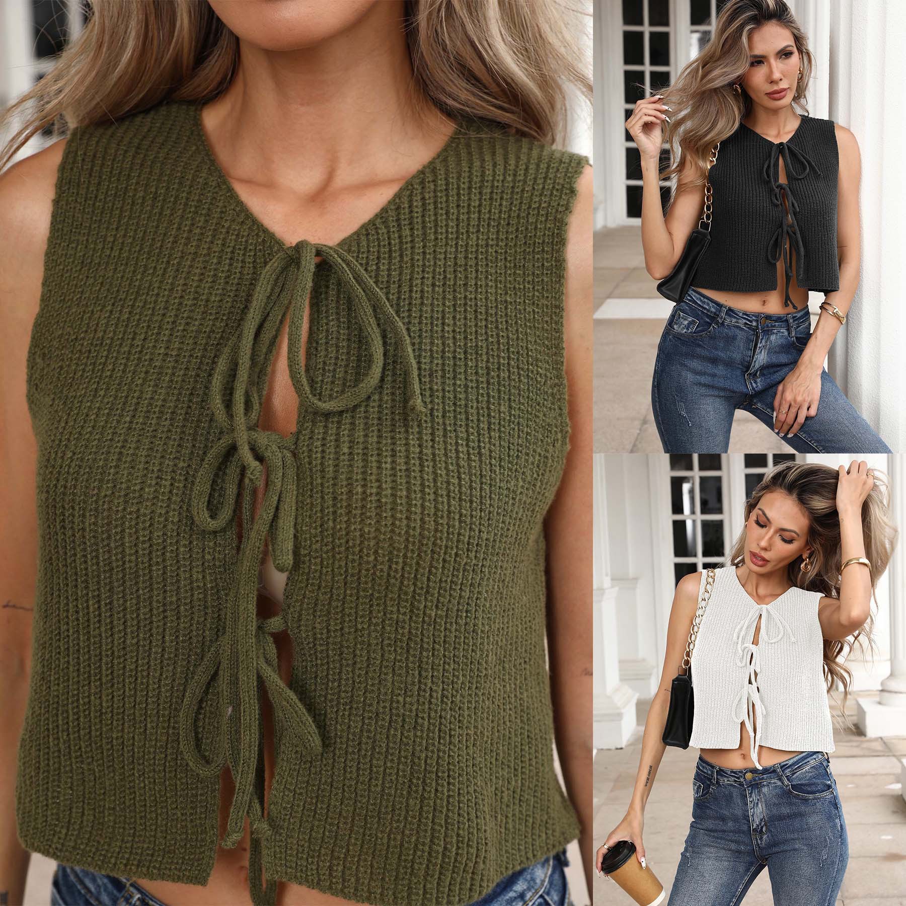 Women's Sleeveless Tie-Front Bow Knit Cardigan Vest