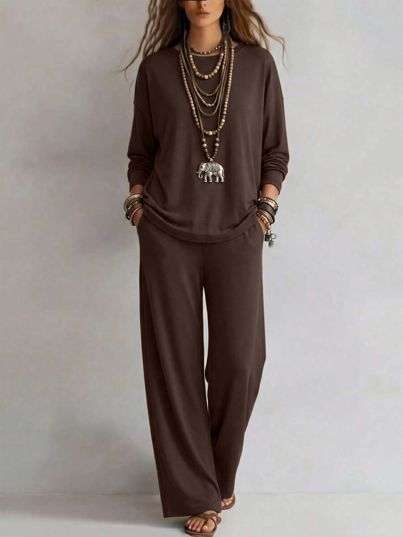 Women's Solid Color Two-Piece Set Long Sleeve Top & Wide-Leg Pants