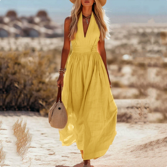 V-Neck Sleeveless Solid Color Elegant Casual Dress