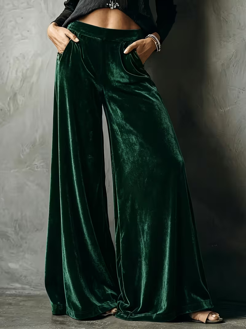 Solid Velvet High-Waist Wide-Leg Pants with Pockets