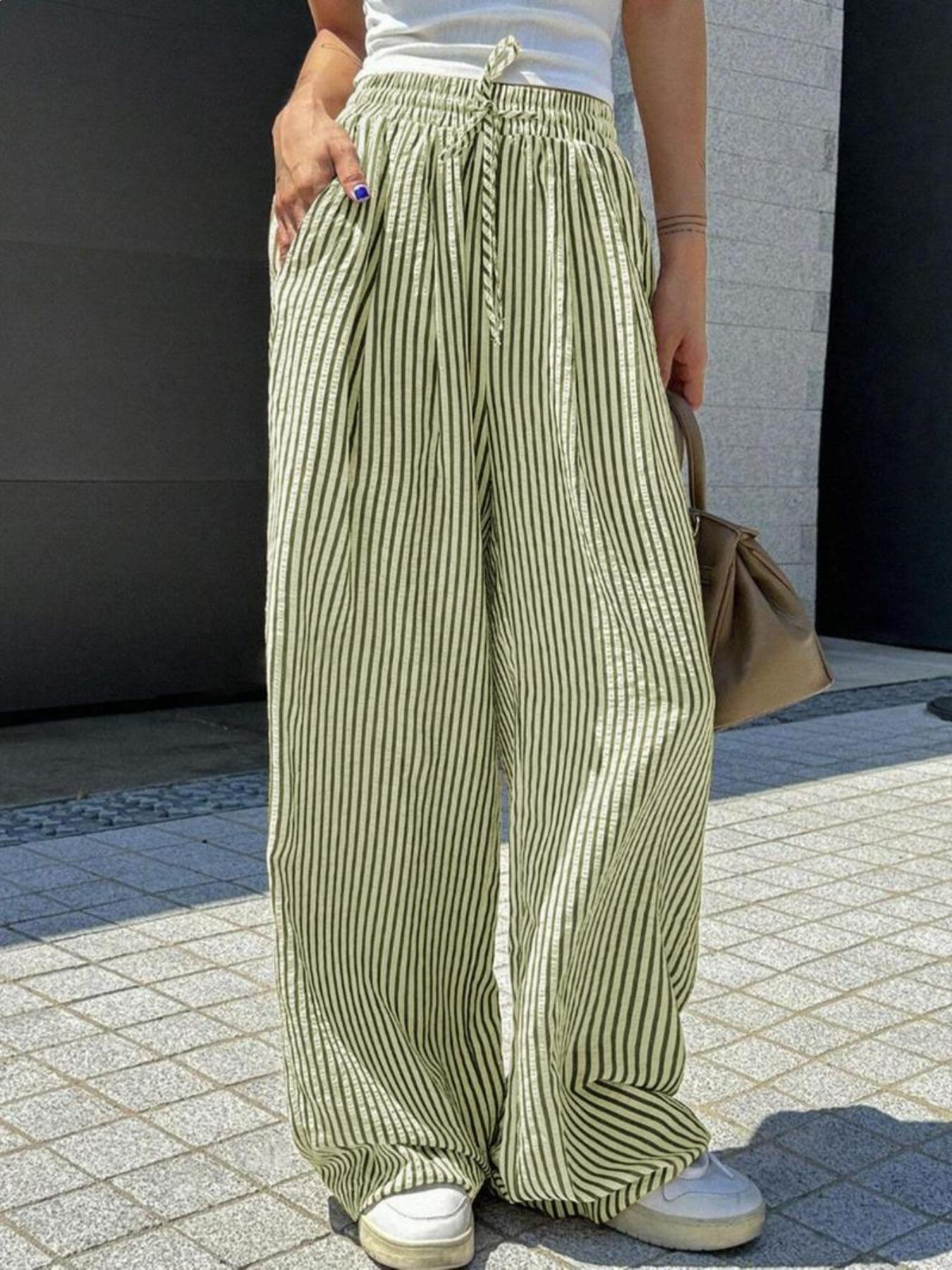 Striped Wide-Leg Drawstring Pants with Pockets