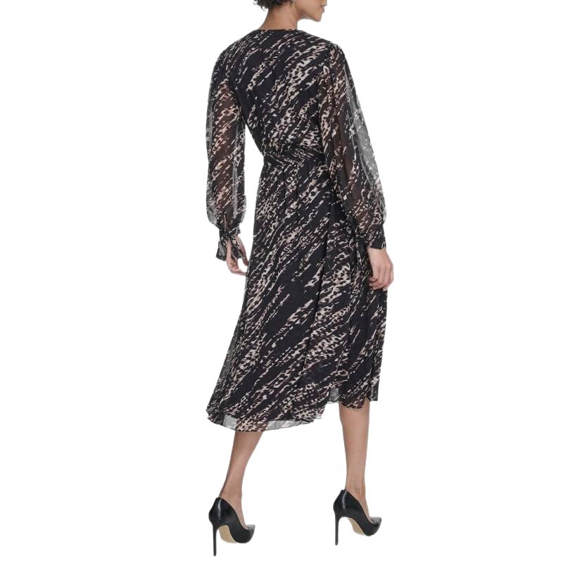 Long Sleeve V-Neck Chiffon Tie Midi Dress
