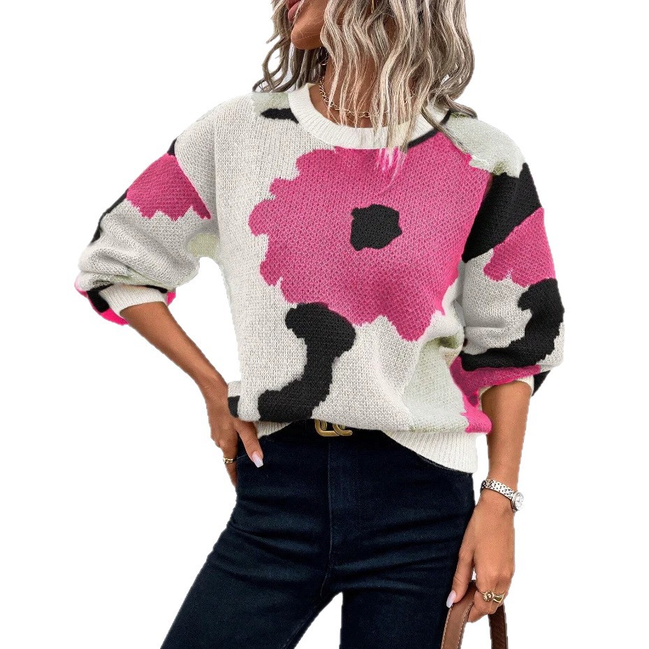 Women's Floral Jacquard Crewneck Long Sleeve Knit Sweater