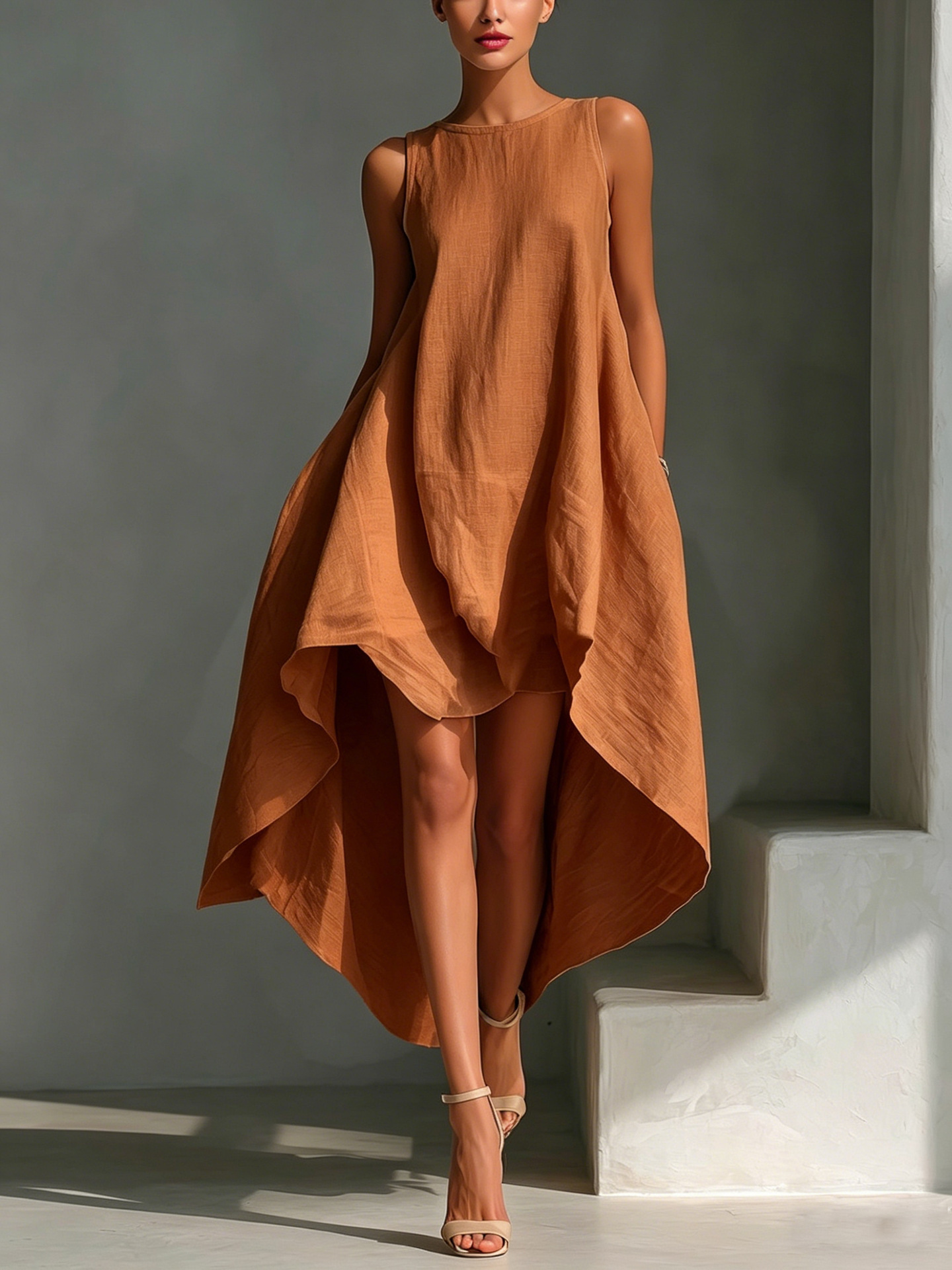 Women's Summer Sleeveless Round Neck Solid Color Flowy Midi Dress