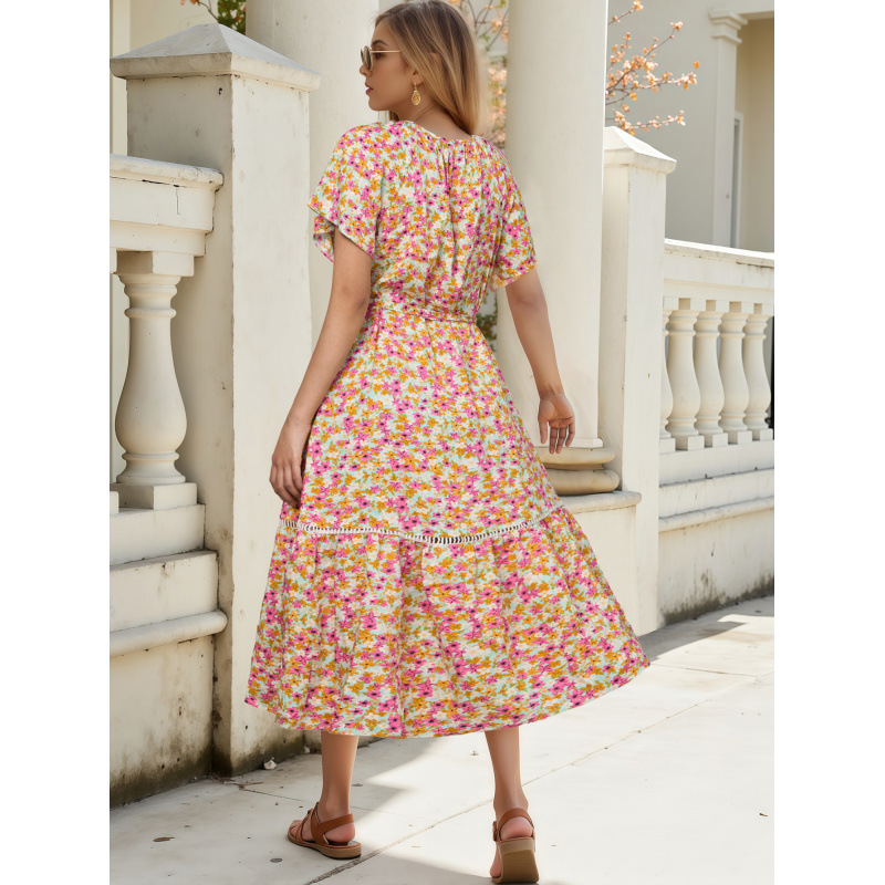 Floral Print Cutout Lace Ruffle Short Sleeve Dress