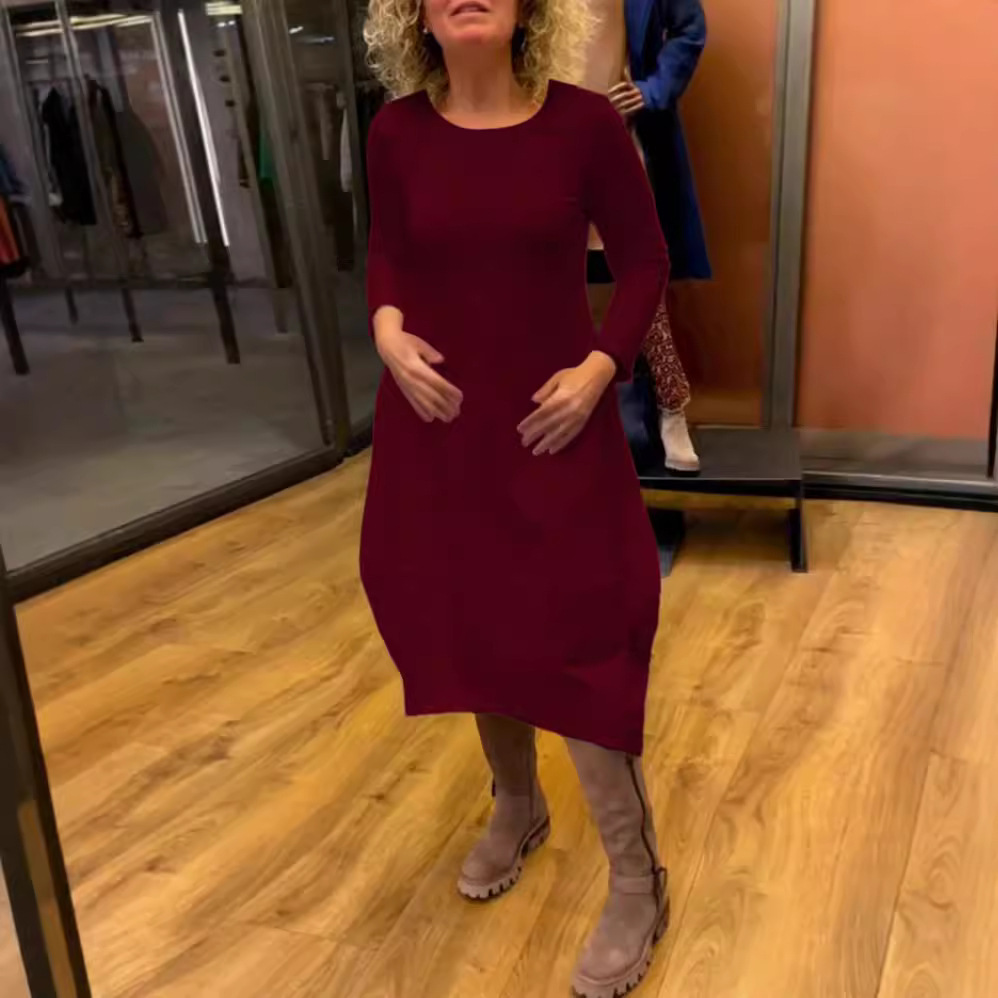 Women's Solid Color Round Neck Long Sleeve Maxi Dress