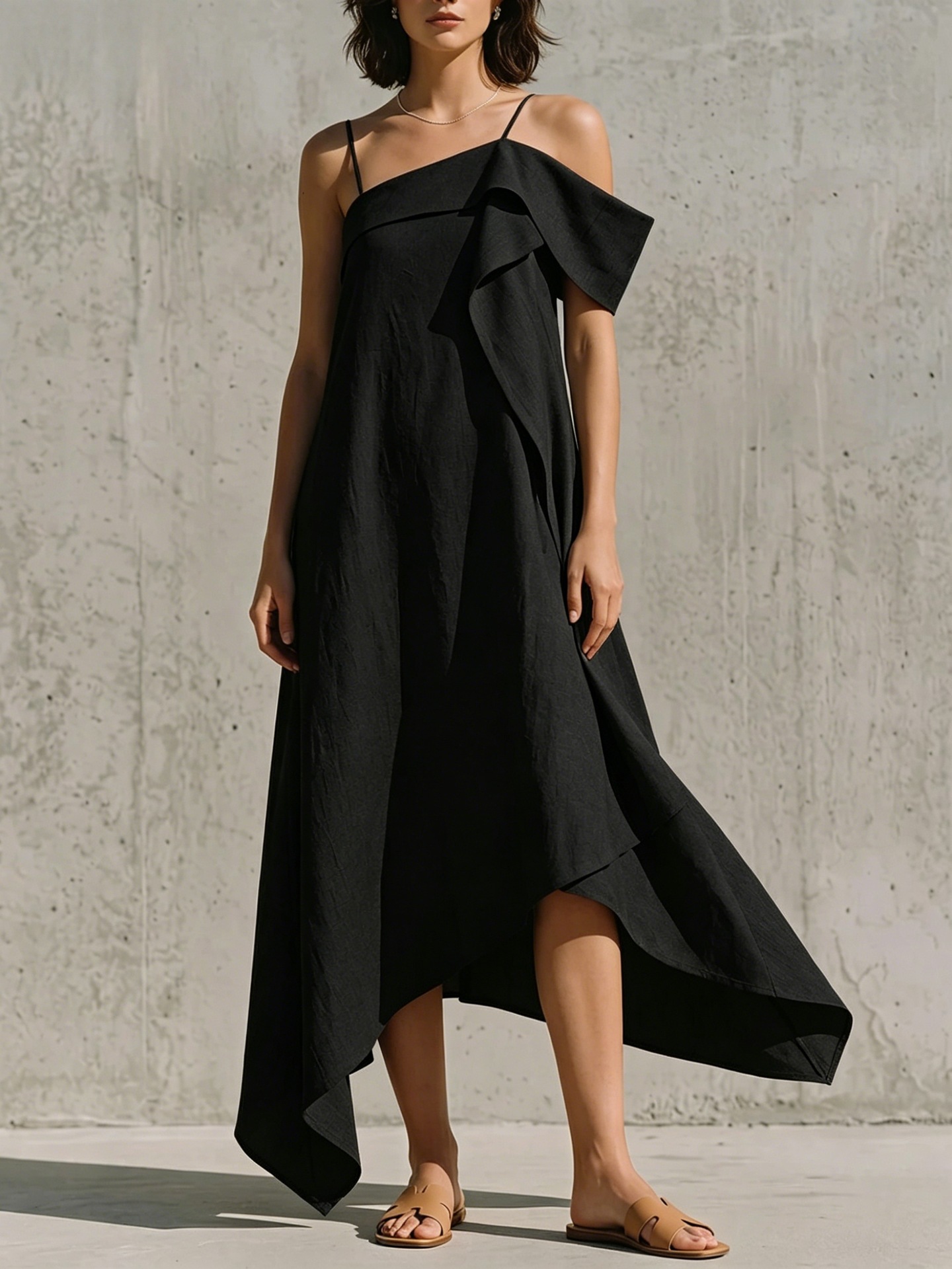 Asymmetric One-Shoulder Linen-Blend Dress with Irregular Hem