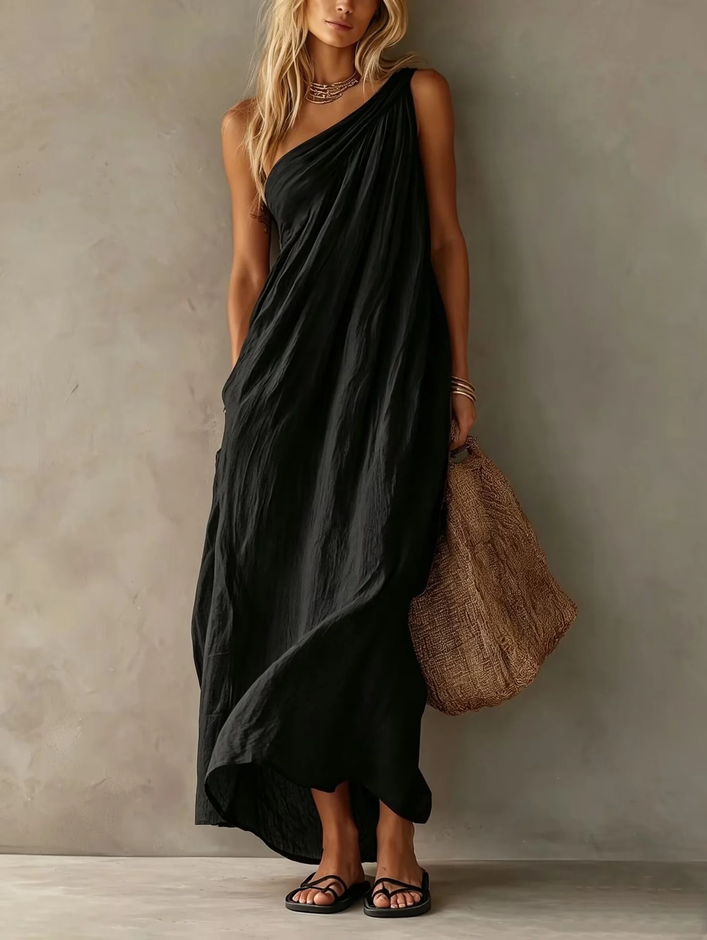 Slouchy One-Shoulder Ruched Long Dress with Pockets