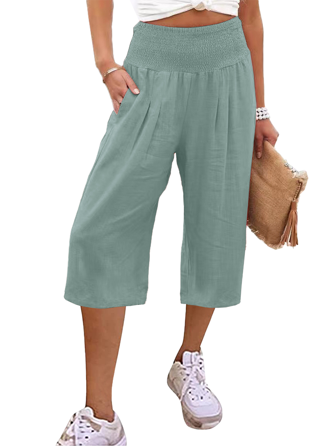 Women's Summer Smocked Wide-Leg Capri Pants Casual Loose Fit