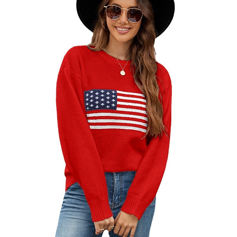 American Flag Crewneck Knit Sweater for Women