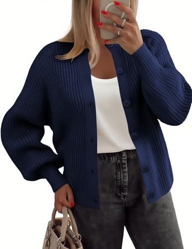 Women's Chunky Knit Button-Front Cardigan Sweater Long Sleeve Crew Neck