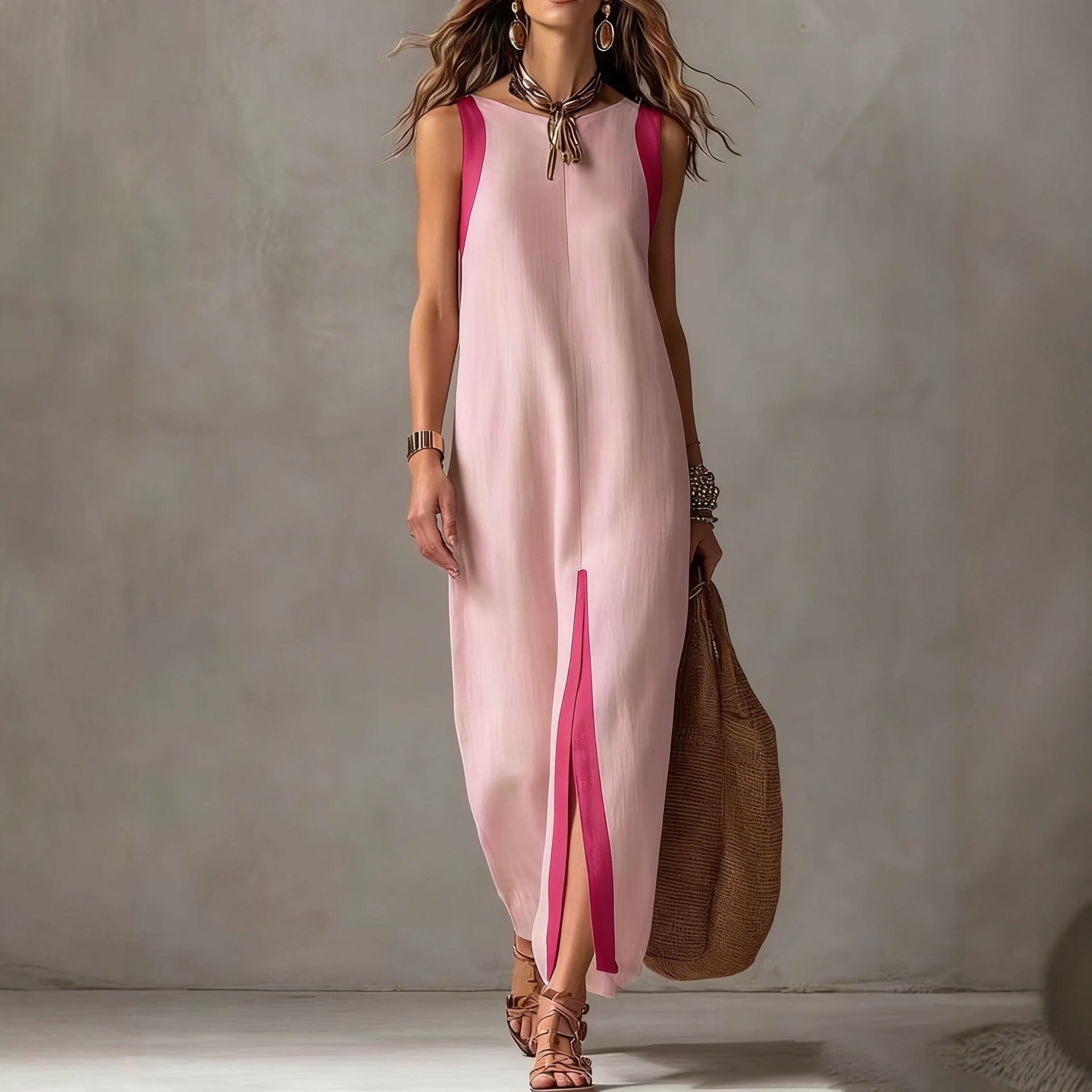 Women's Summer Casual Sleeveless Midi Dress Colorblock