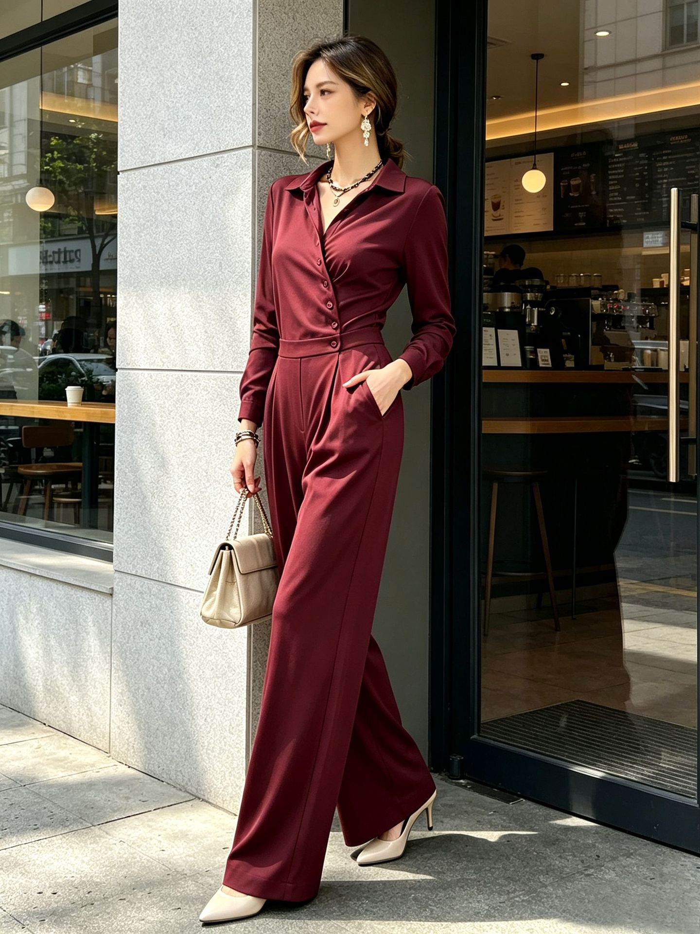 Minimalist High-Waist Long-Sleeve Jumpsuit