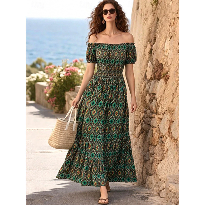Off-Shoulder Ruched Maxi Dress with Ruffled Sleeves