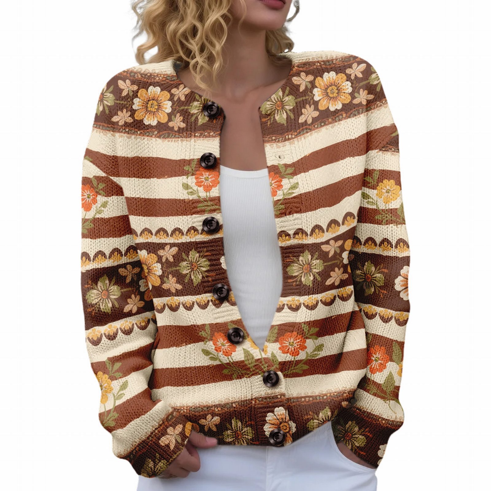 Women's Floral Maple Leaf Print Button Cardigan