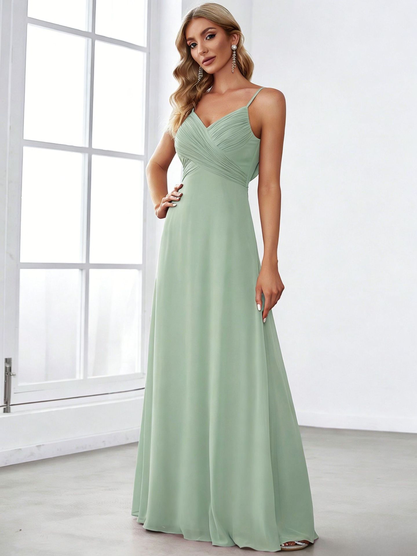 Solid Deep V-Neck Sleeveless Pleated Chiffon Maxi Dress
