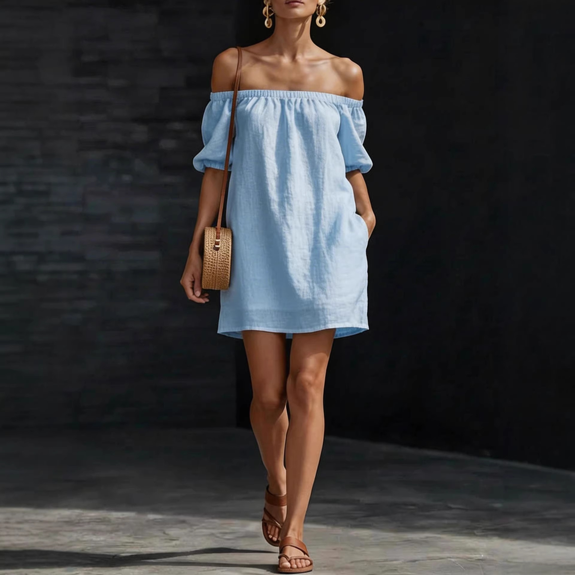 Women's Cotton-Linen Off-Shoulder Dress Solid Color Loose Fit