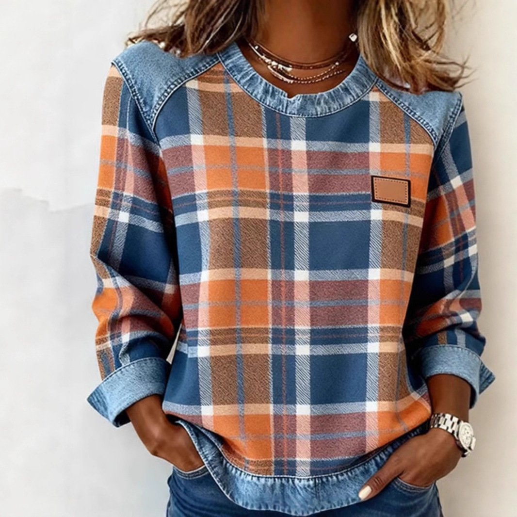 Plaid Spliced Denim Crewneck Loose Women's Sweatshirt