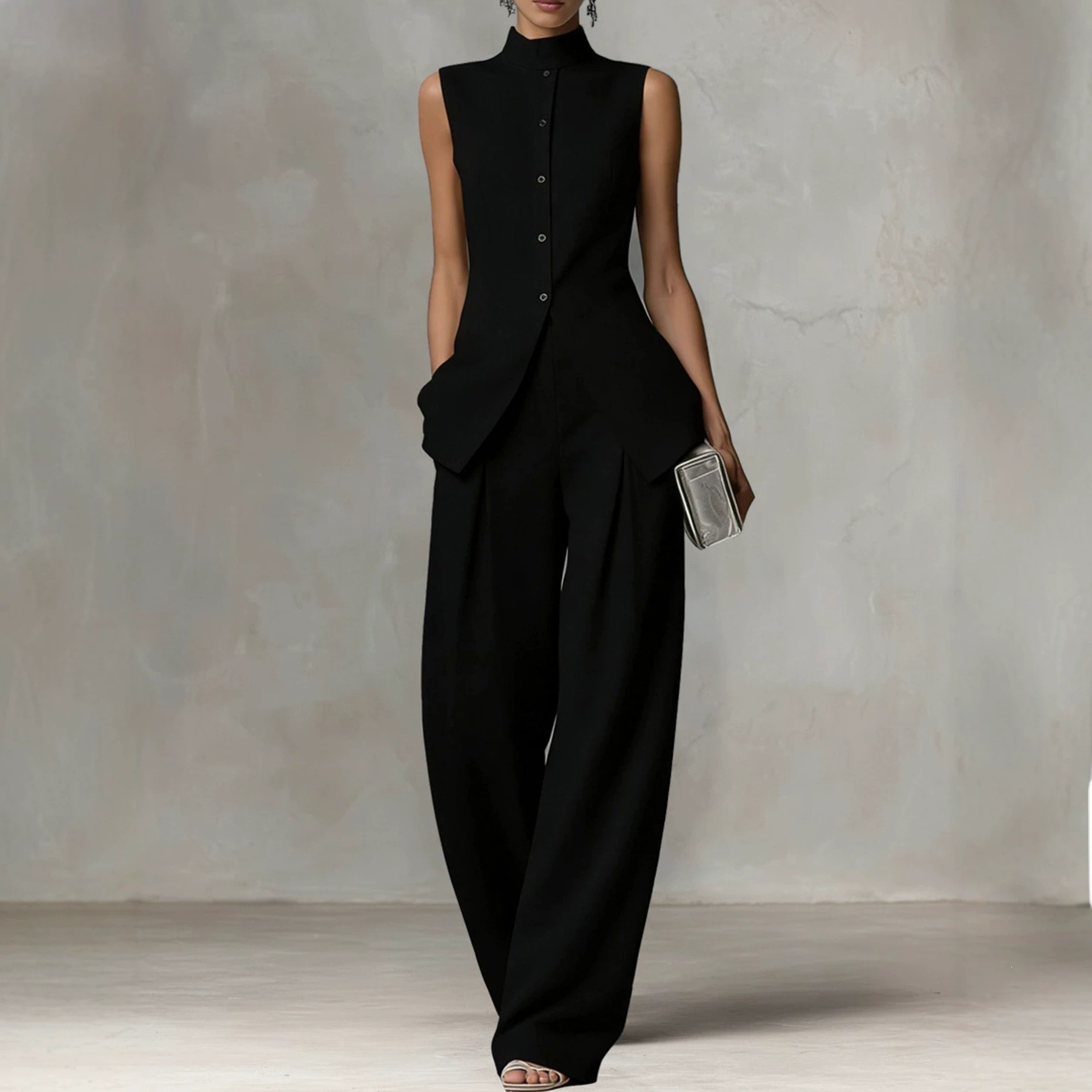 Women's Sleeveless Shirt and Pants Set with Drape, Casual Chic Two-Piece Outfit