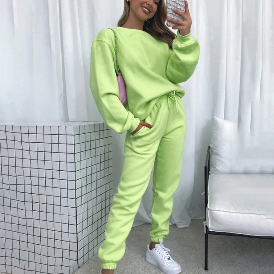 Women's Solid Color Crewneck Long Sleeve Sweatshirt and Pants Set