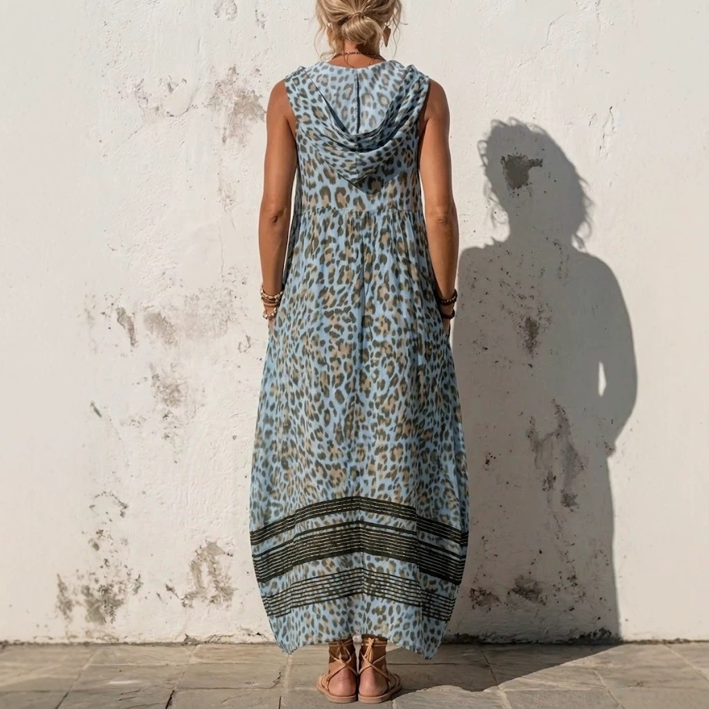 Women's Sleeveless Hooded Leopard Print Maxi Dress with Pockets