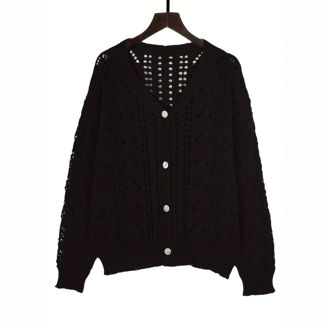 Retro Open-Knit Button-Front Cardigan V-Neck Solid Color Women's Top